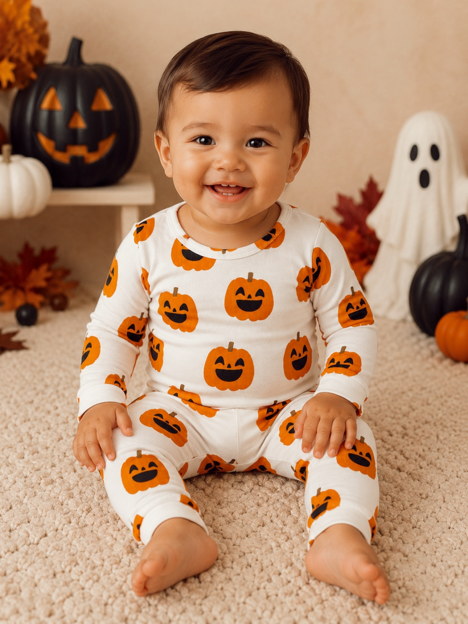 Smiling baby in pumpkin-printed pajamas, surrounded by Halloween decor including pumpkins and a ghost.