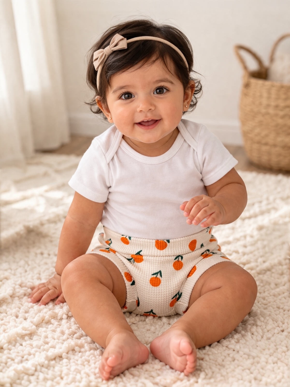 Smiling baby girl with curly hair, wearing a white onesie and orange-patterned shorts, sitting on a plush rug.