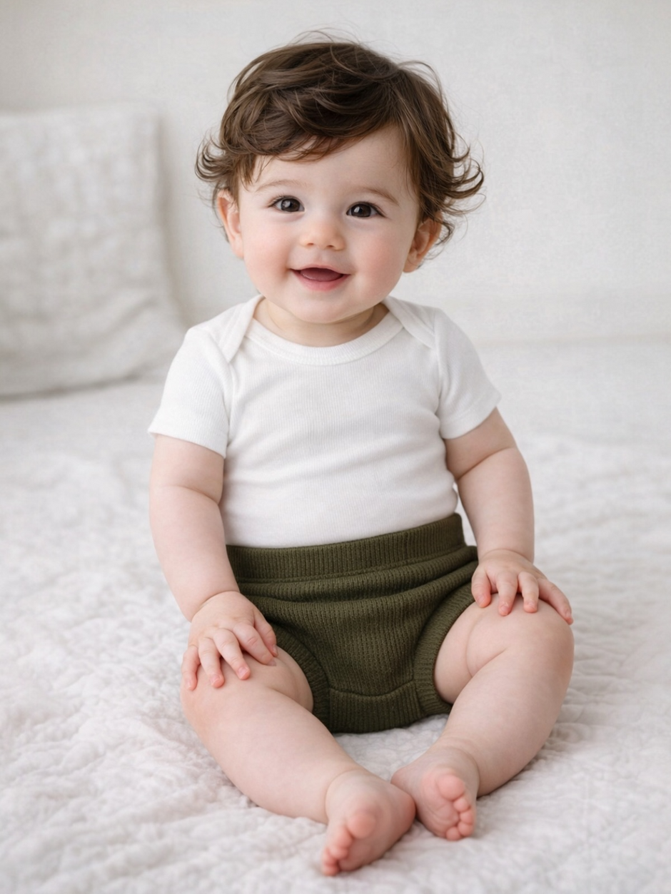 Smiling baby in a white shirt and olive green bottoms, seated on a soft, light-colored blanket.