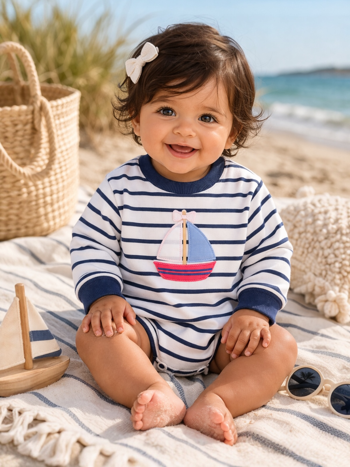 Smiling baby in a striped onesie, seated on a beach blanket with a toy sailboat and sandy toes.