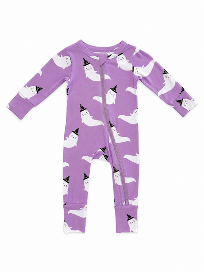 Purple baby onesie with ghost patterns and party hats, featuring a front zipper and long sleeves.