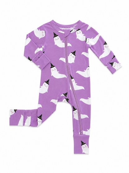 Purple baby onesie featuring playful ghost designs wearing black hats. Ideal for Halloween-themed outfits.