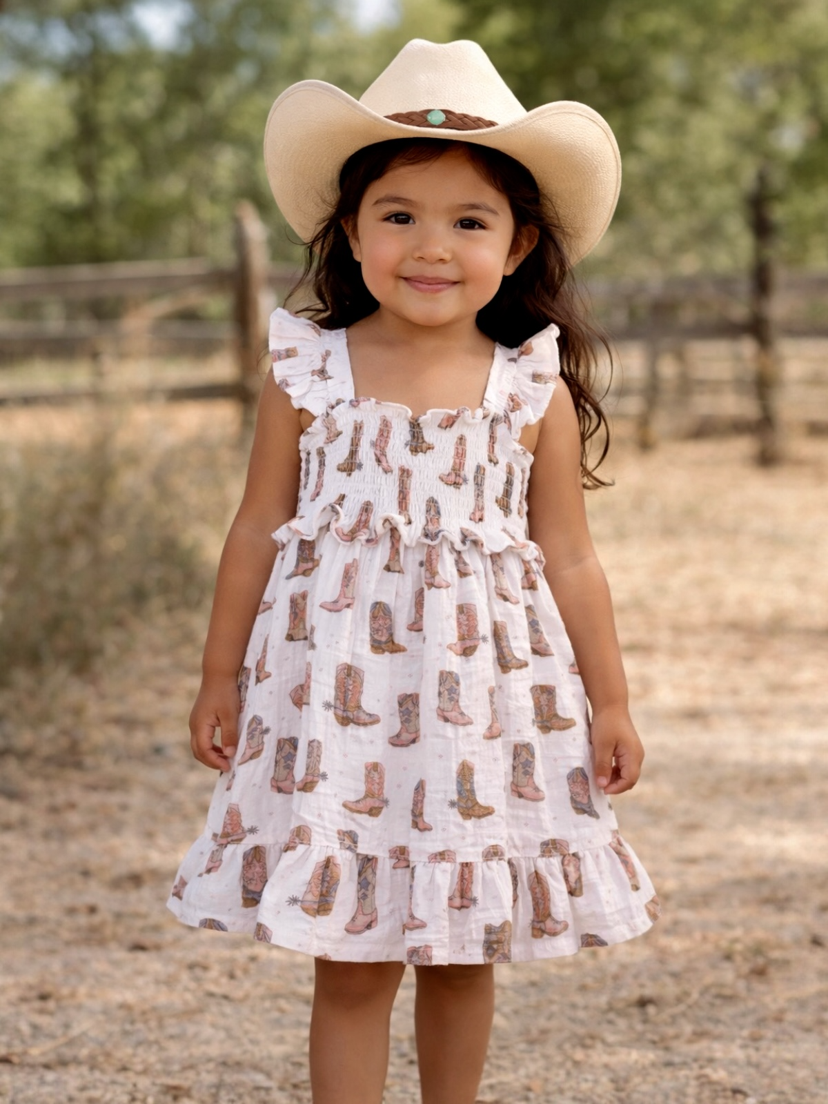 Smiling girl in a cowboy hat, wearing a ruffled boot-pattern dress, stands outdoors in a rustic setting.