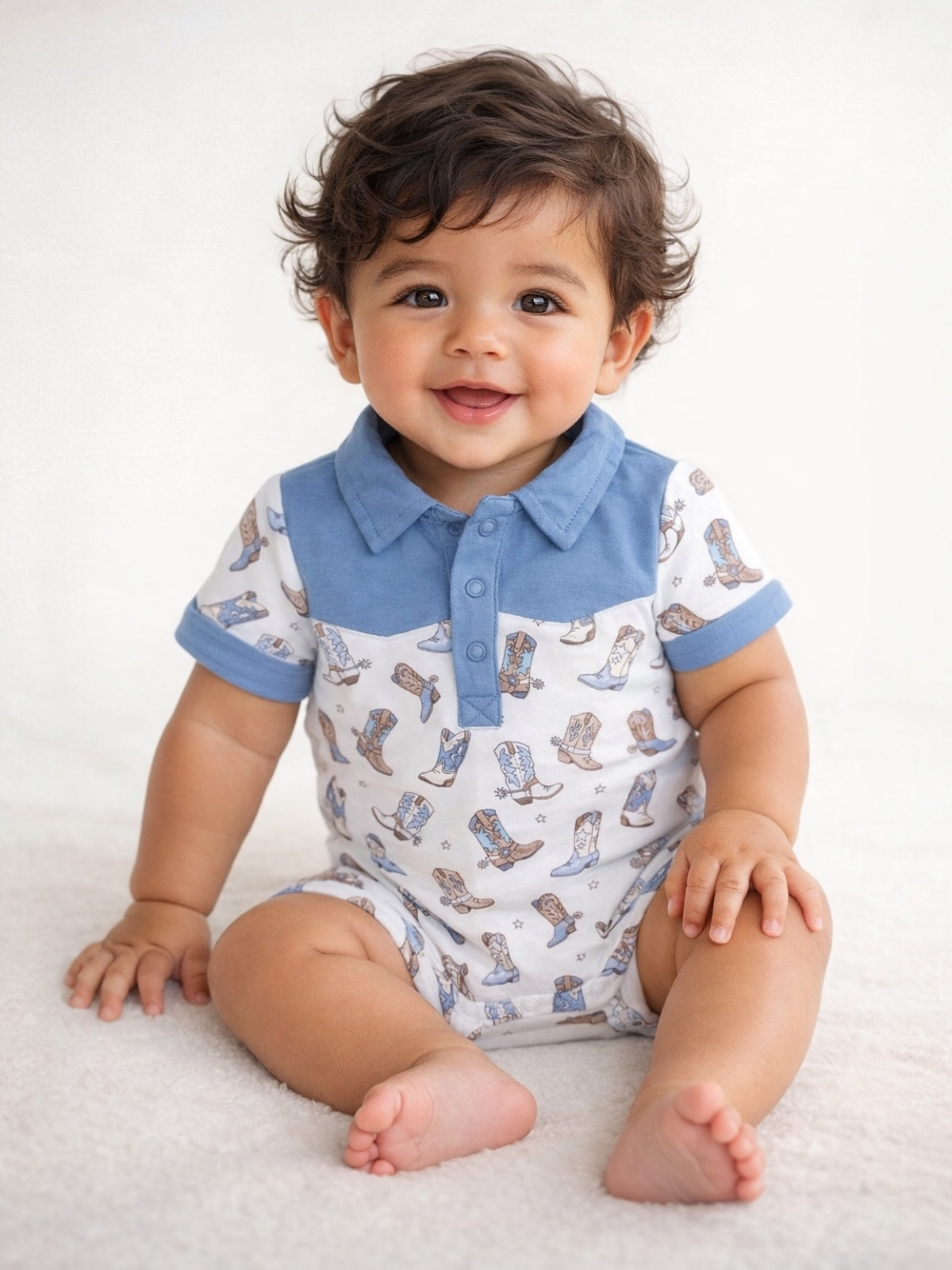 Smiling toddler in a blue-collared onesie with boot patterns, sitting on a soft white surface.
