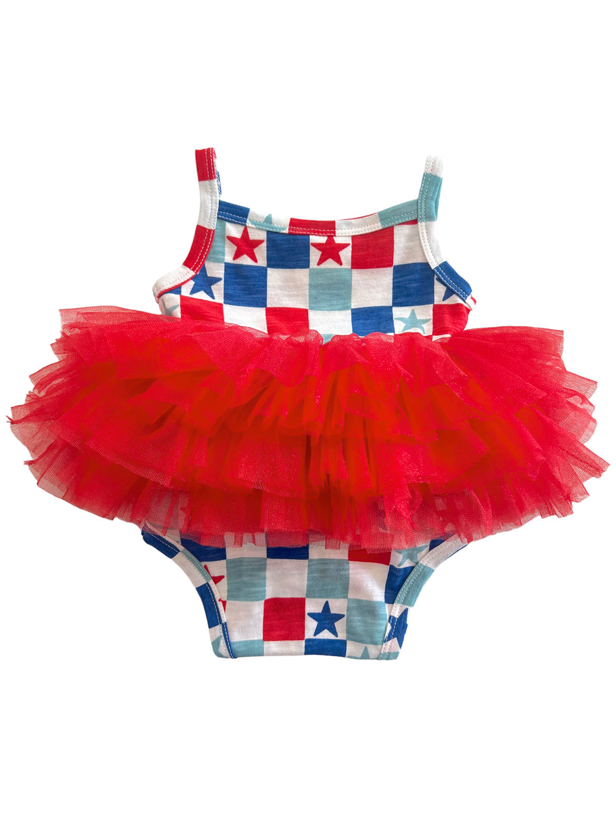 Red and white checkered swimsuit with blue stars, featuring a fluffy red tulle tutu skirt.