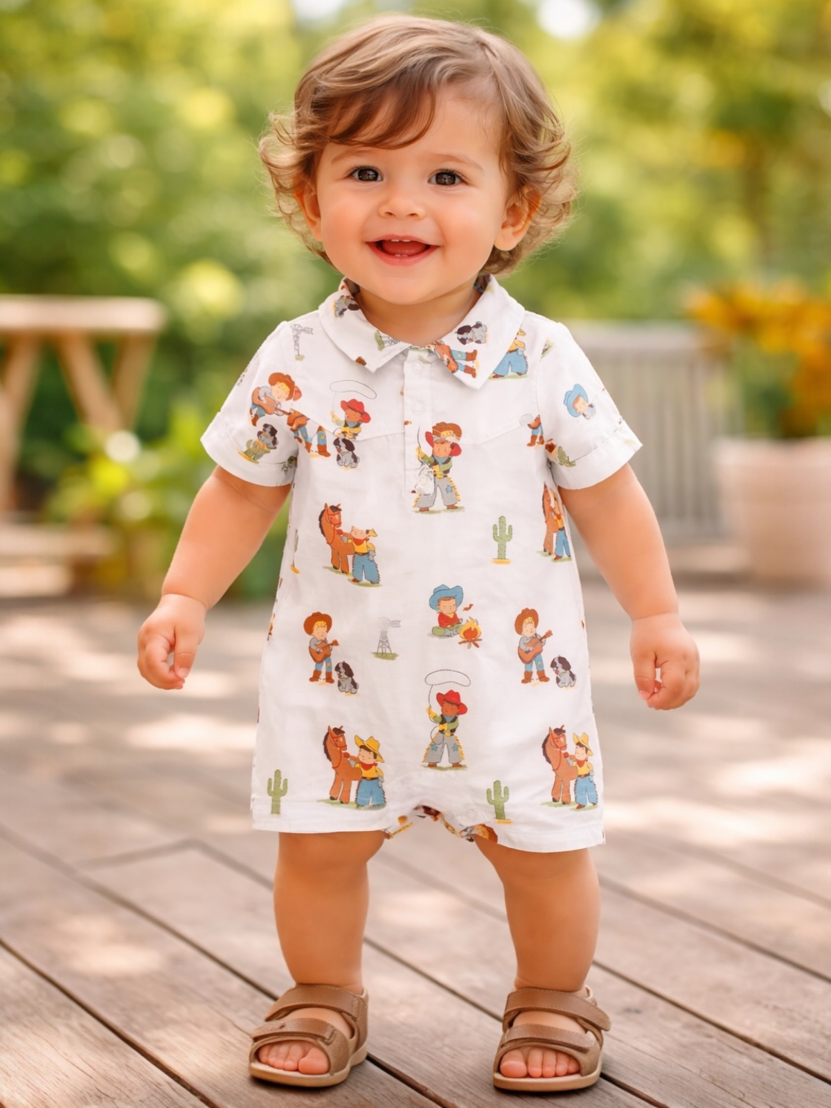 Smiling toddler in a cartoon-printed outfit, standing on wooden deck with greenery in the background.