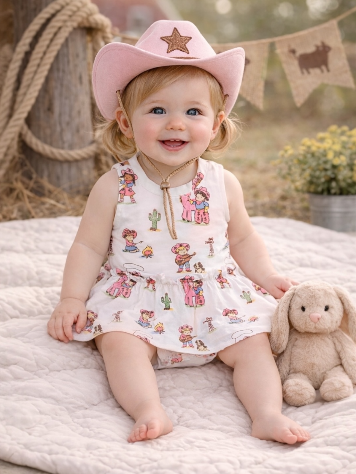 Smiling toddler in a pink cowgirl hat sitting on a blanket with a stuffed bunny toy. Playful and cheerful atmosphere.