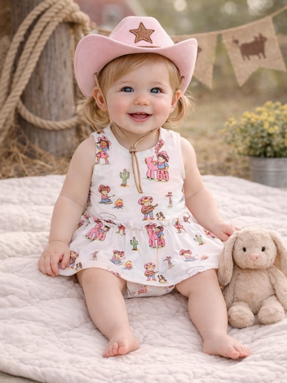 Smiling toddler in a pink cowgirl hat sitting on a blanket with a stuffed bunny toy. Playful and cheerful atmosphere.