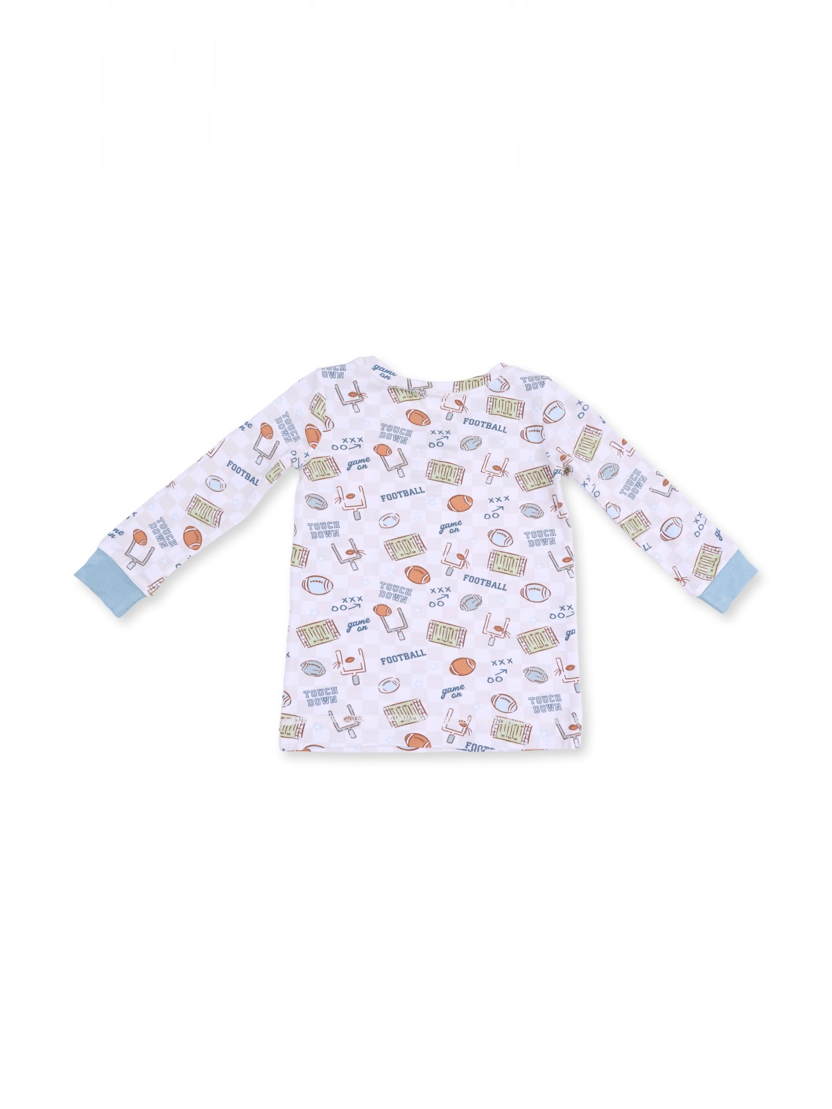 White long-sleeve shirt with colorful football-themed patterns and light blue cuffs.