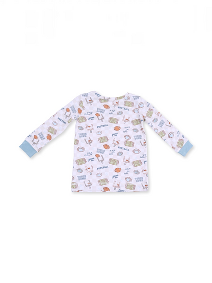 White long-sleeve shirt with colorful football-themed patterns and light blue cuffs.