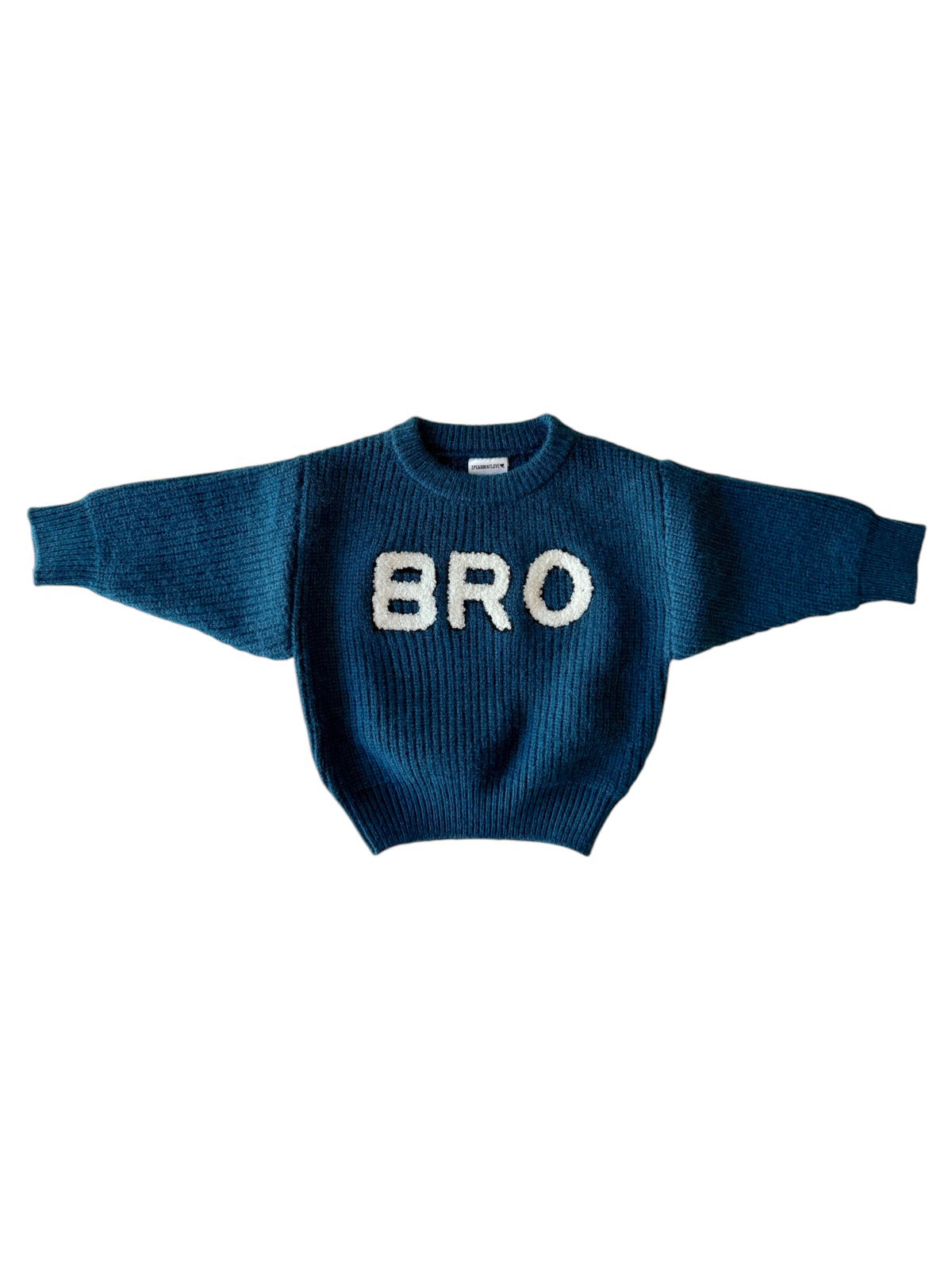 Blue knitted sweater with oversized sleeves, featuring the word "BRO" in white letters on the front.