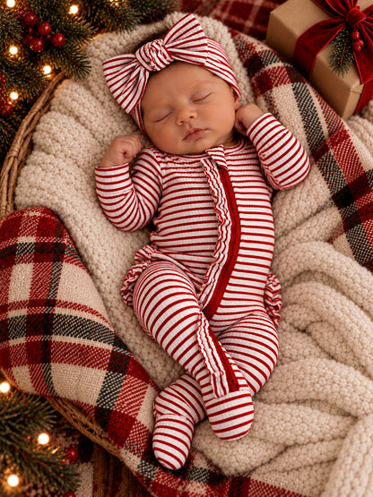 Infant asleep in a cozy, striped outfit with a bow headband, nestled in a soft blanket surrounded by festive decor.