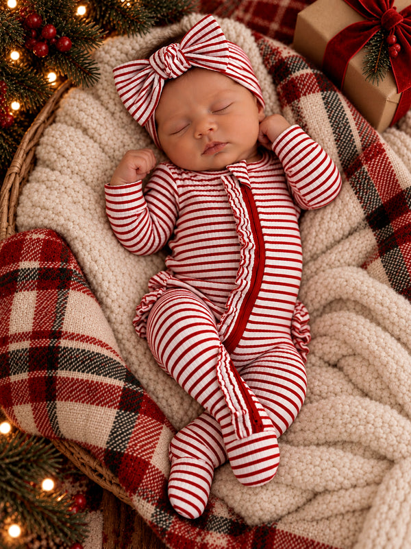 Infant asleep in a cozy, striped outfit with a bow headband, nestled in a soft blanket surrounded by festive decor.