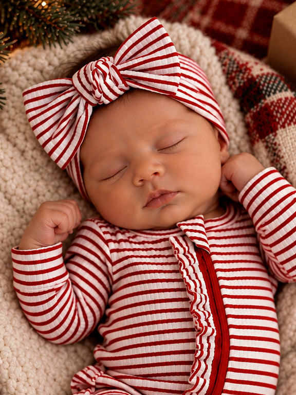 Sleeping baby in red and white striped outfit with a large bow, resting on textured blanket. Cozy holiday setting.