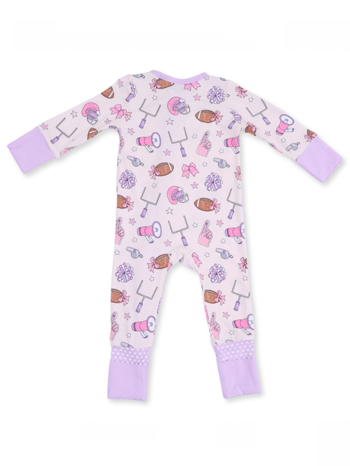 Back view of a pink pajama with sports-themed patterns and lavender cuffs, suitable for children.