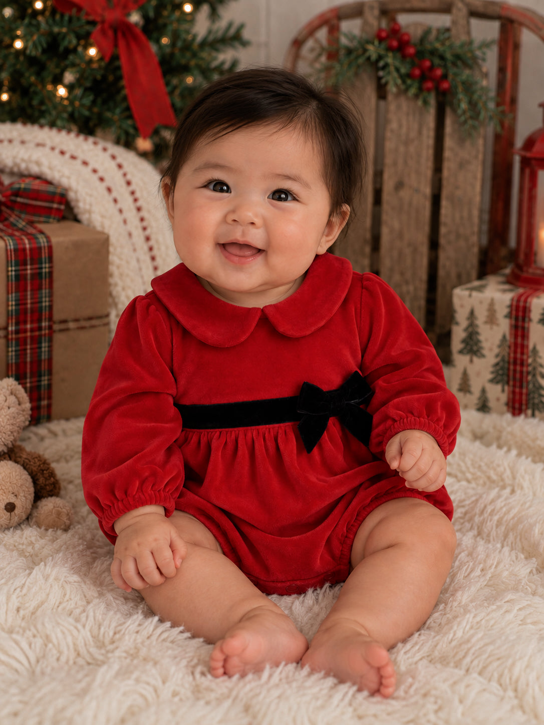 Baby in a red velvet dress with black bow, sitting on a fluffy rug, smiling amidst holiday decorations.