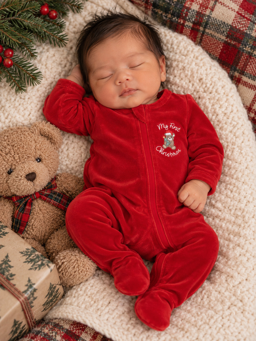 Sleeping baby in a red onesie, cuddled with a teddy bear, surrounded by festive decorations and cozy blankets.