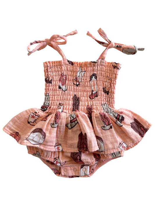 Muslin Smocked Bubble w/ Skirt, Cowboy Boots