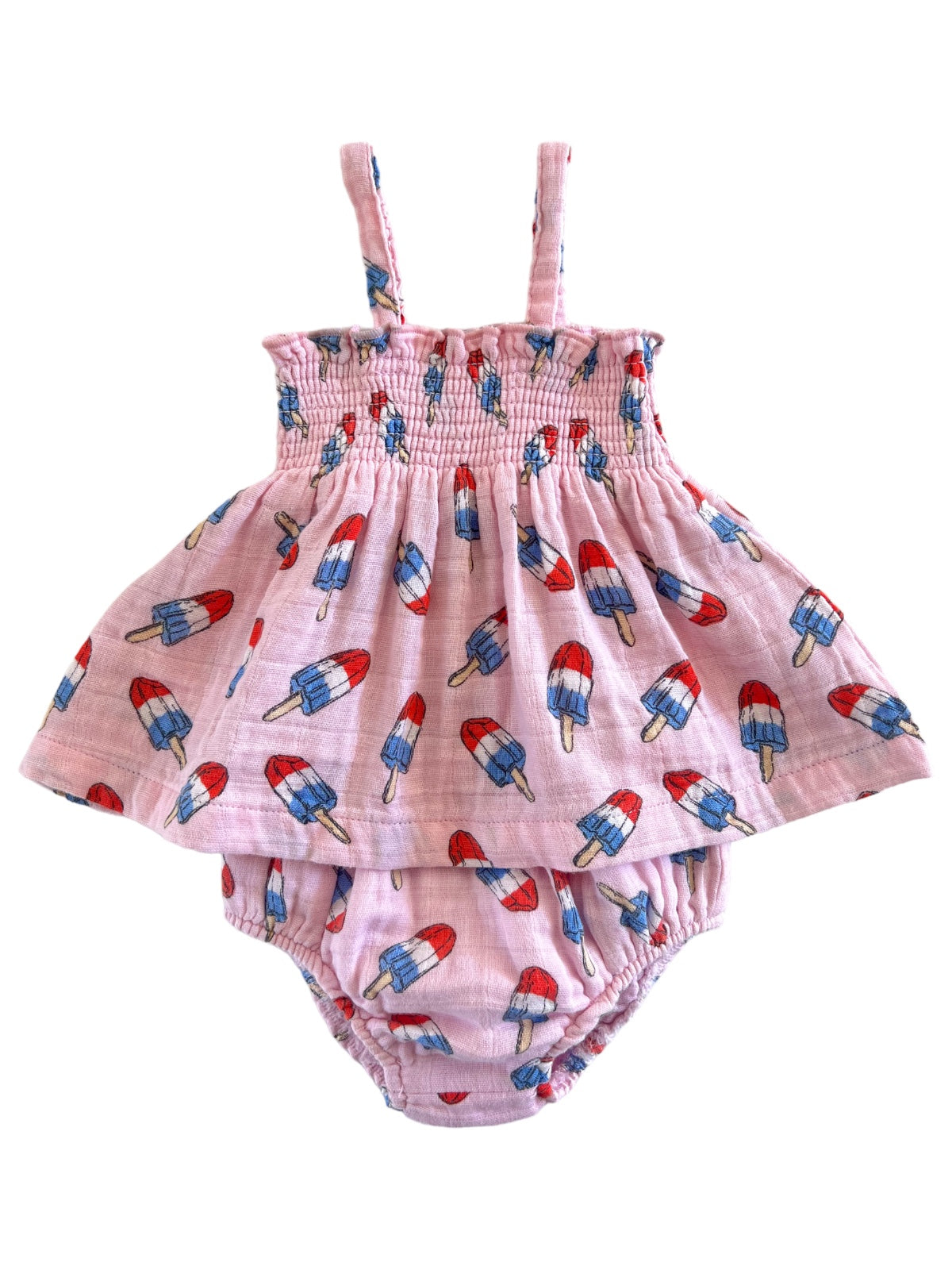 Pink toddler dress with popsicle print, featuring spaghetti straps and matching bloomers. Perfect for summer play.