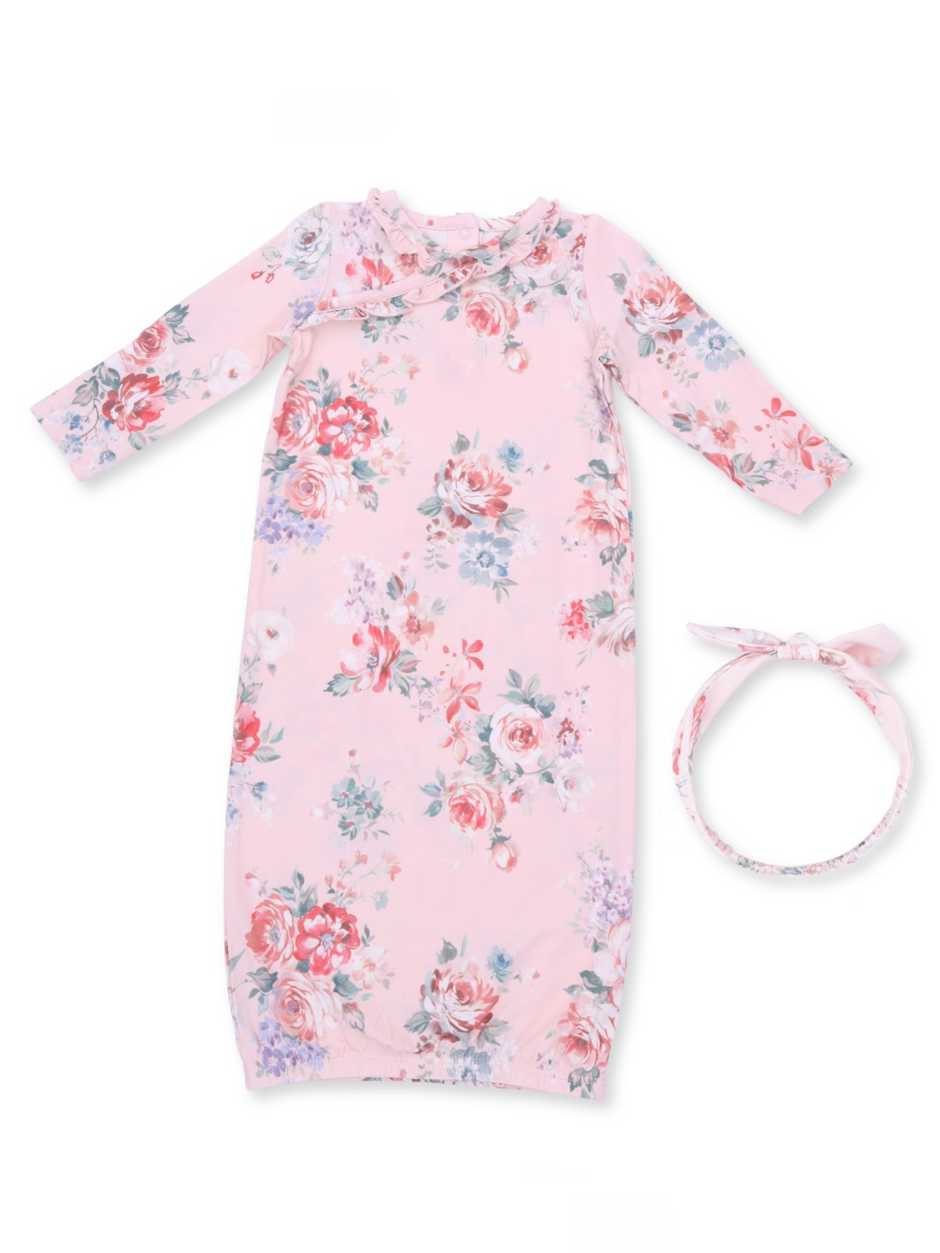 Kimono Gown & Headband Set, Painterly Rose Bouquets
