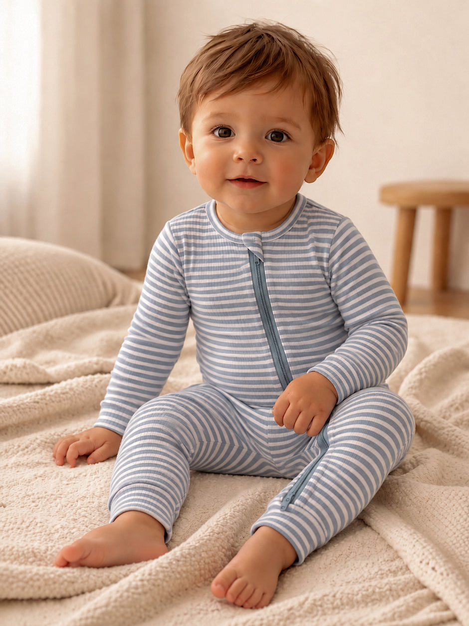 Dusty Blue Stripe / Ribbed 2-Way Zip Romper