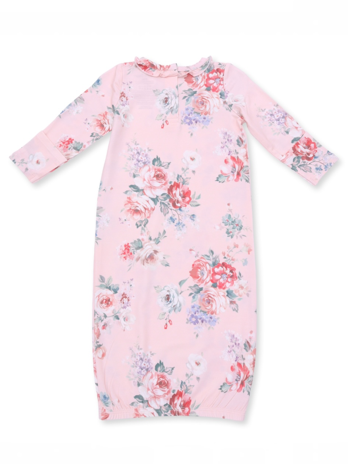 Pink floral baby gown with long sleeves and a ruffled collar. Ideal for comfort and style.