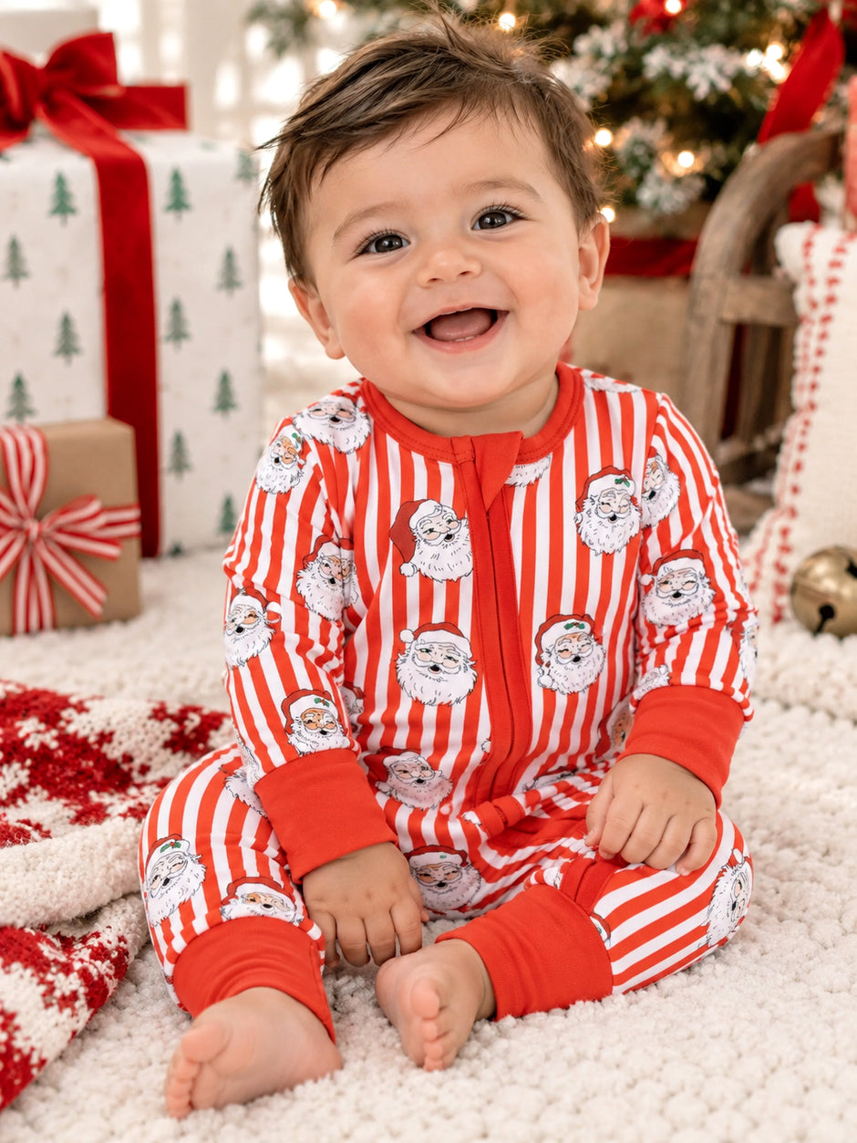 2-Way Zip Romper, Vintage Santa Stripe