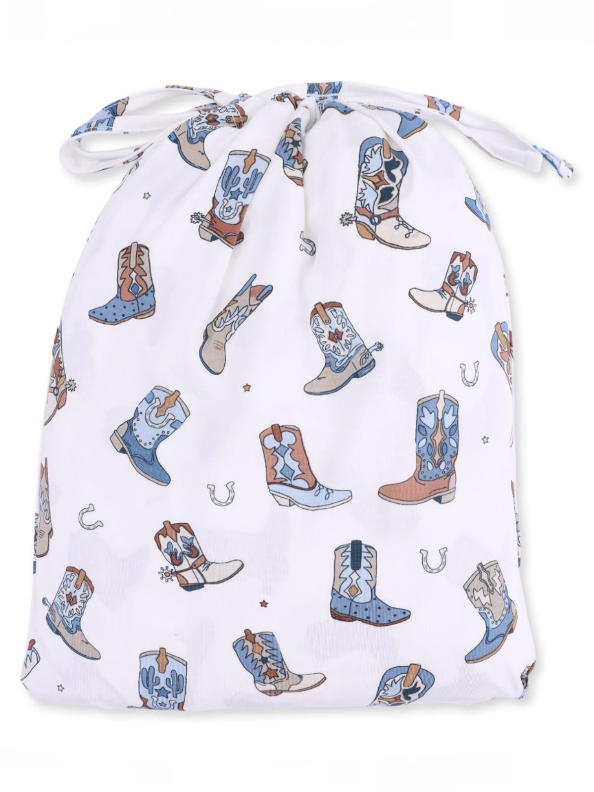 Drawstring bag with a whimsical pattern of cowboy boots and cacti on a white background.