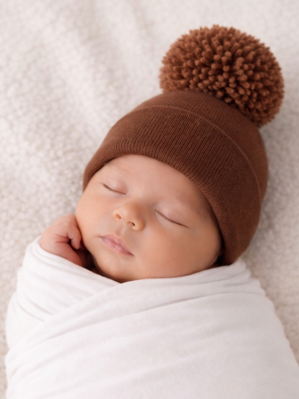 Sleeping baby wrapped in white blanket wearing a brown pom-pom hat on a soft, textured background.