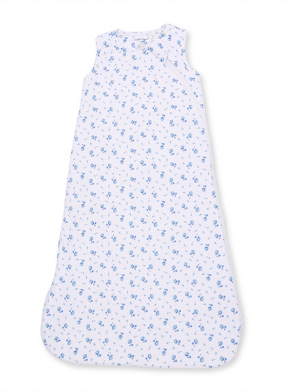 Sleeveless baby sleep sack with blue floral pattern on a white background.