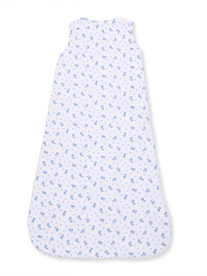 Blue floral pattern sleeveless baby sleeping bag on a white background.