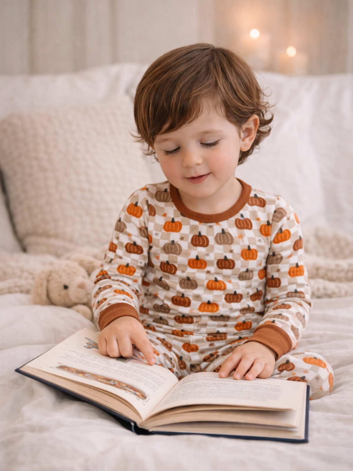 Child in pumpkin-patterned pajamas reading a book while sitting on a cozy bed with soft blankets and a toy bear nearby.