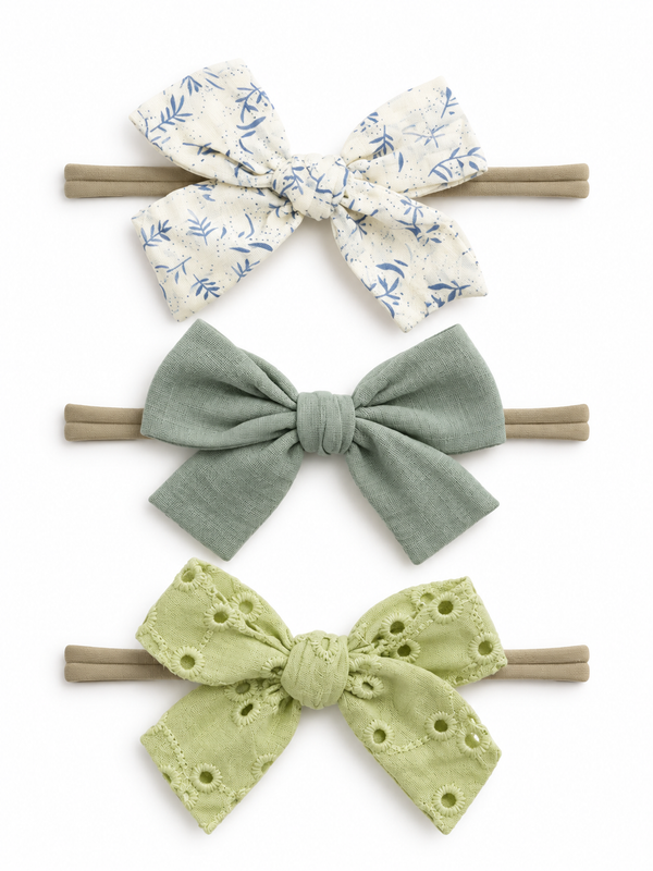 Three fabric hair bows in white, green, and light green arranged vertically on elastic bands.