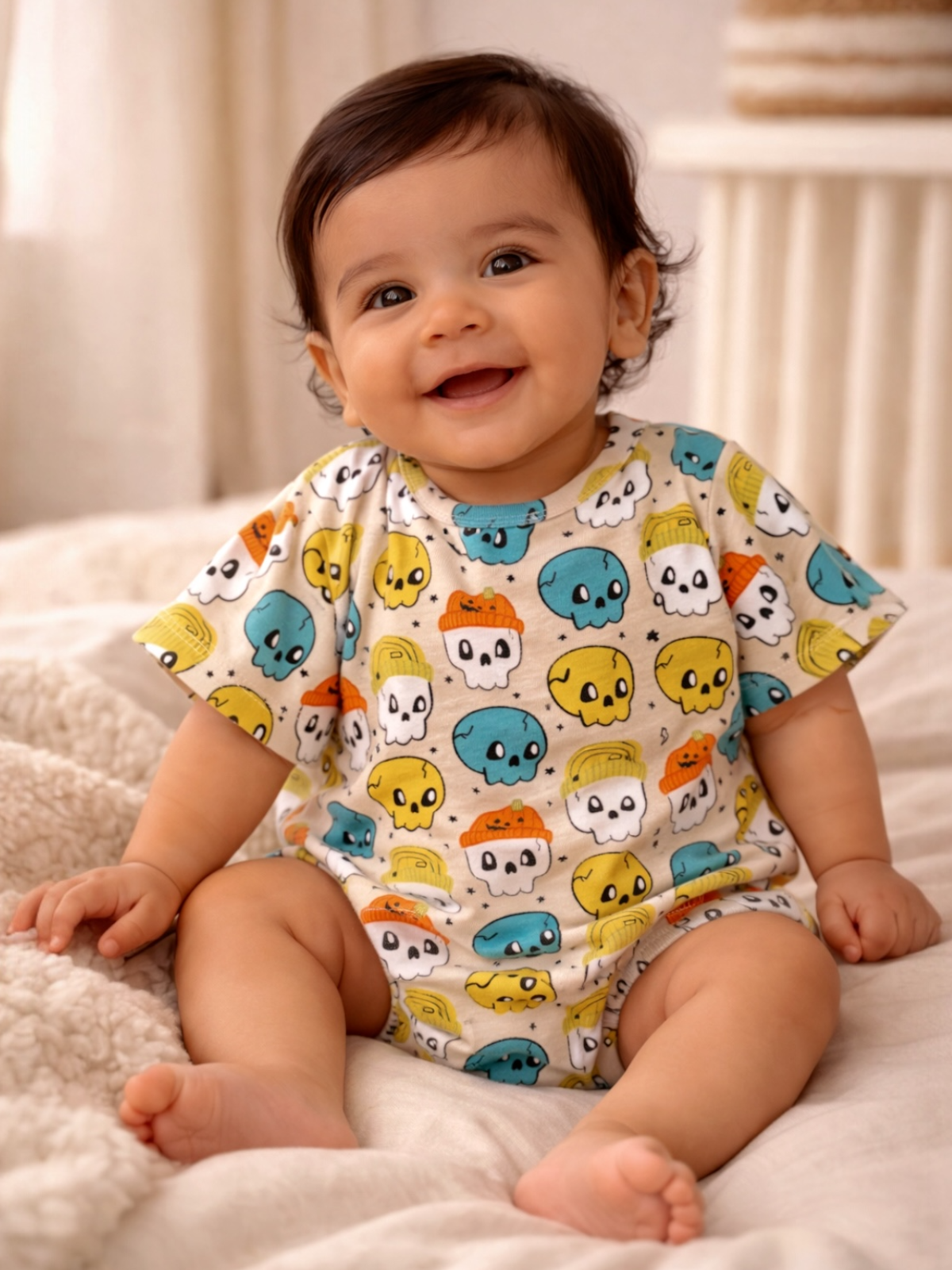 Smiling baby wearing a colorful skull-patterned onesie, seated on a soft blanket in a bright room.