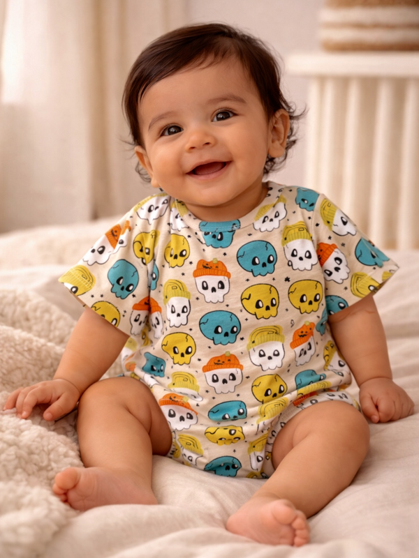 Smiling baby wearing a colorful skull-patterned onesie, seated on a soft blanket in a bright room.
