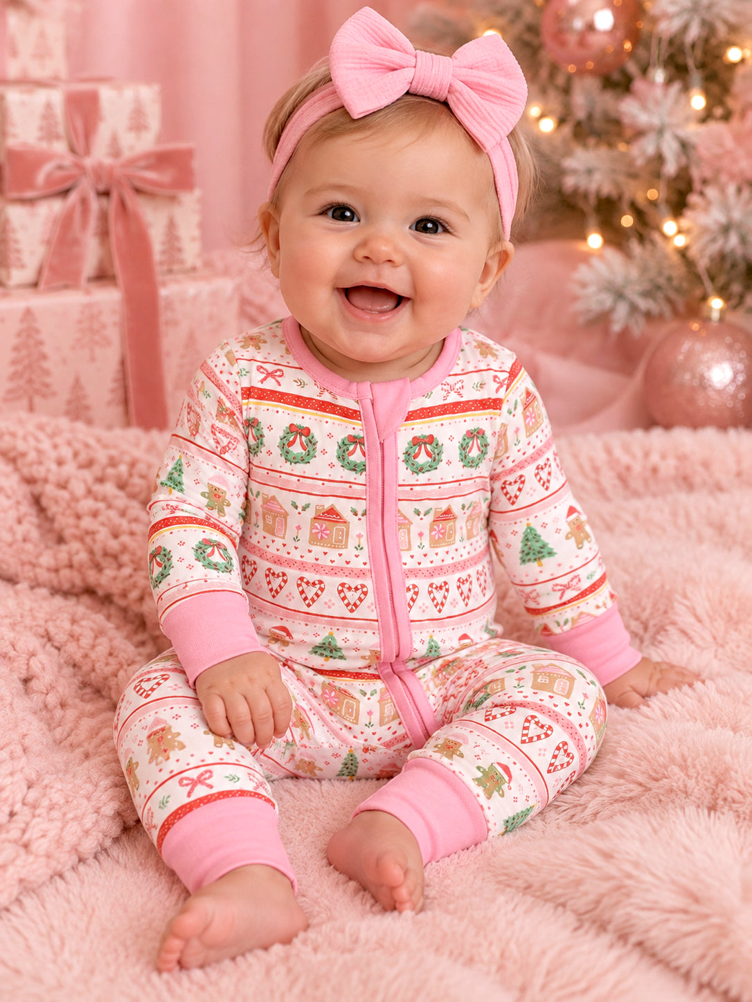 Smiling baby in a festive onesie with holiday patterns, sitting on pink fur blanket with Christmas tree and gifts.