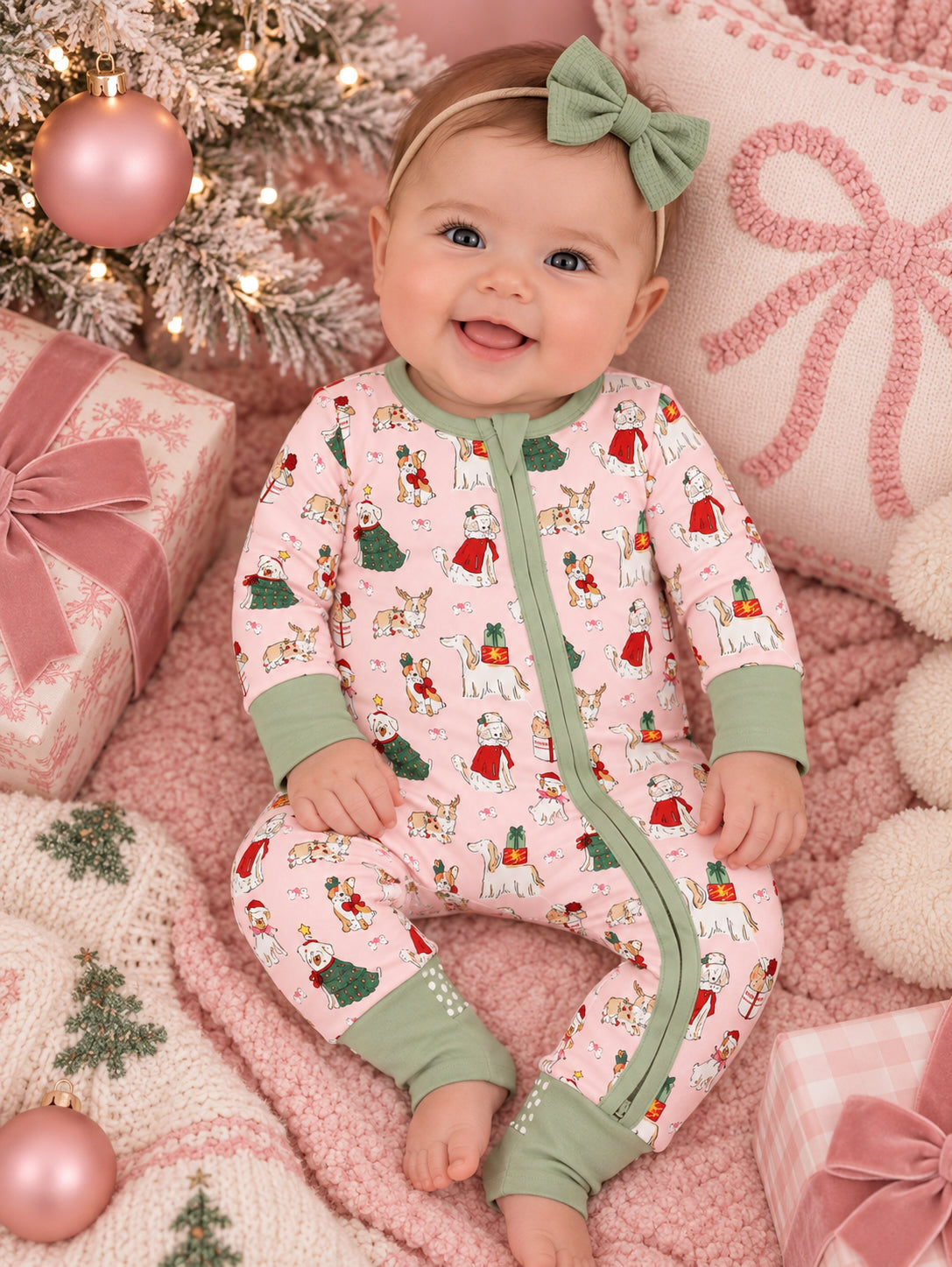 Smiling baby in festive pajamas, surrounded by holiday decorations and cozy pink textures.