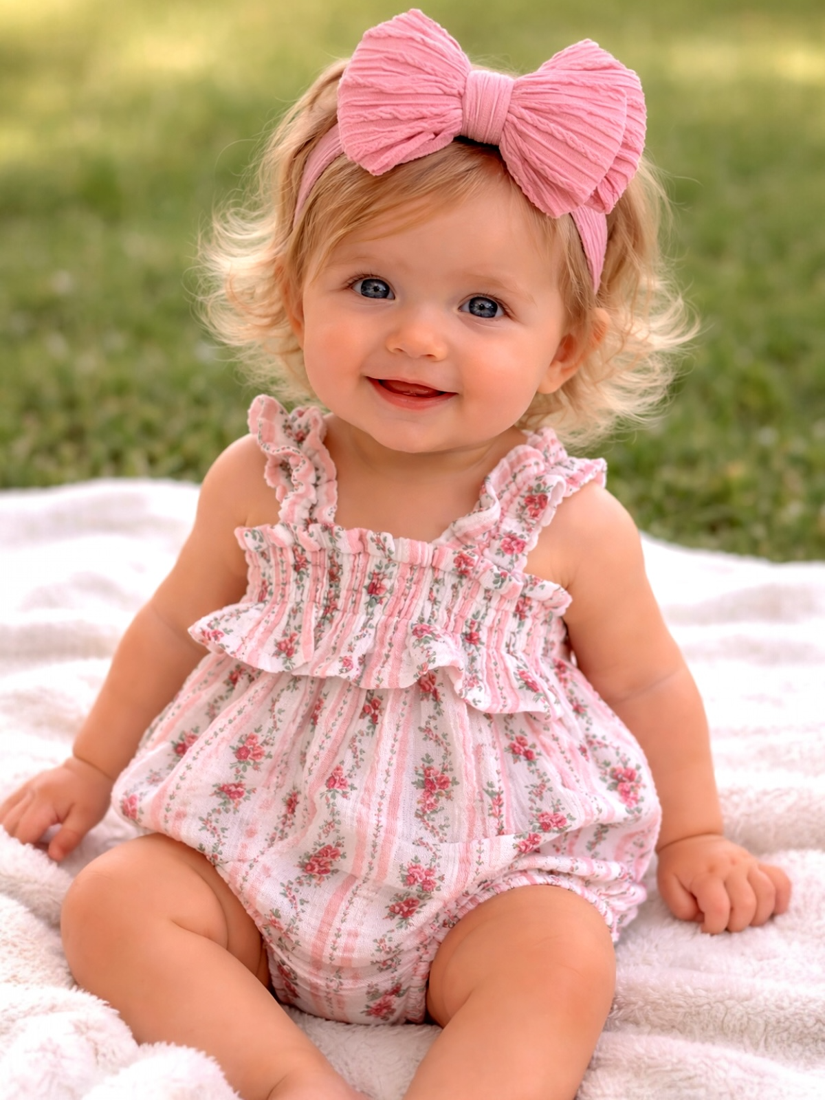 Smiling baby girl in floral romper and pink bow headband, sitting on a soft blanket in a grassy outdoor setting.