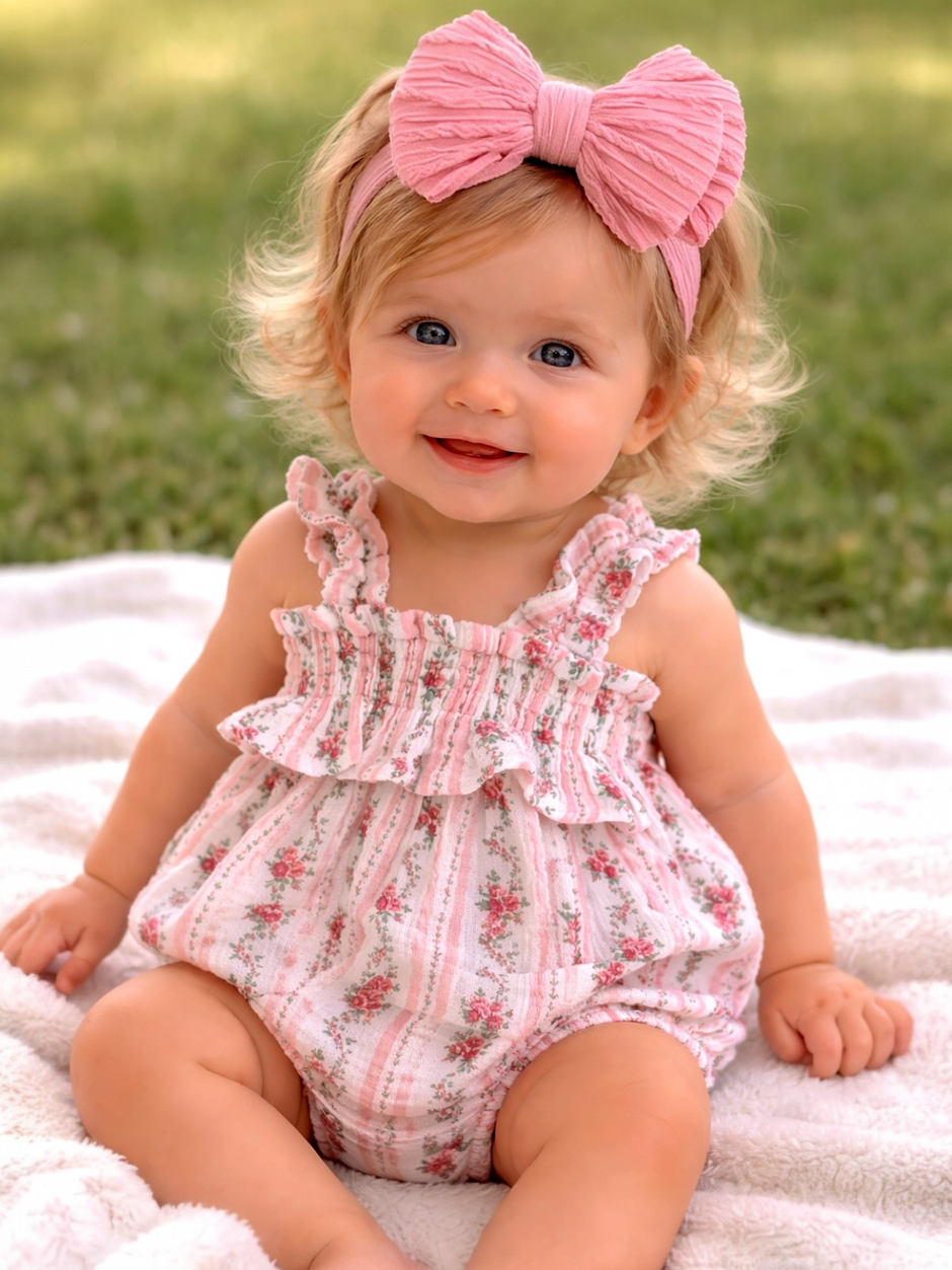 Smiling baby girl in floral romper and pink bow headband, sitting on a soft blanket in a grassy outdoor setting.