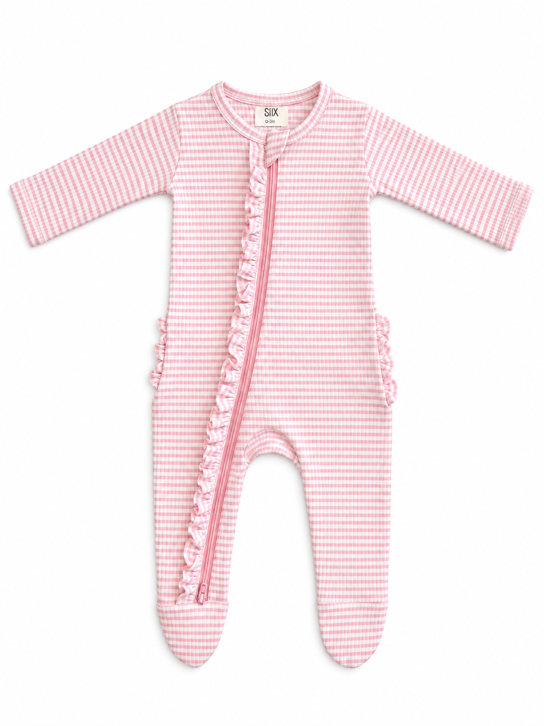 Light pink gingham baby onesie with ruffle detail and front zipper, perfect for infants 0-3 months.