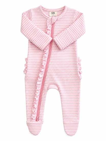 Pink gingham baby onesie with ruffle details and a front zipper, suitable for infants 0-3 months.