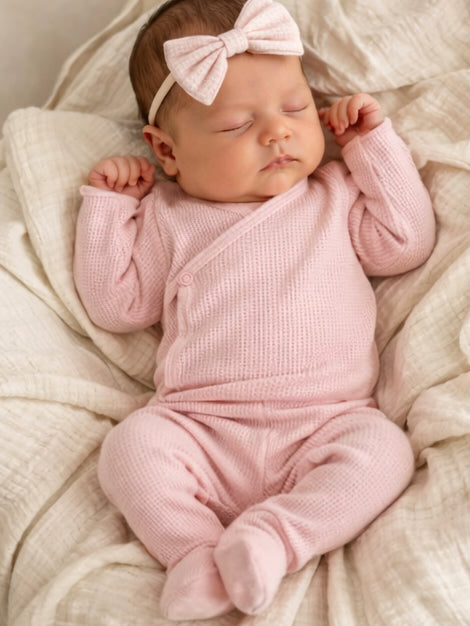 Sleeping baby girl in a pink outfit with a bow, nestled on a soft, textured blanket.