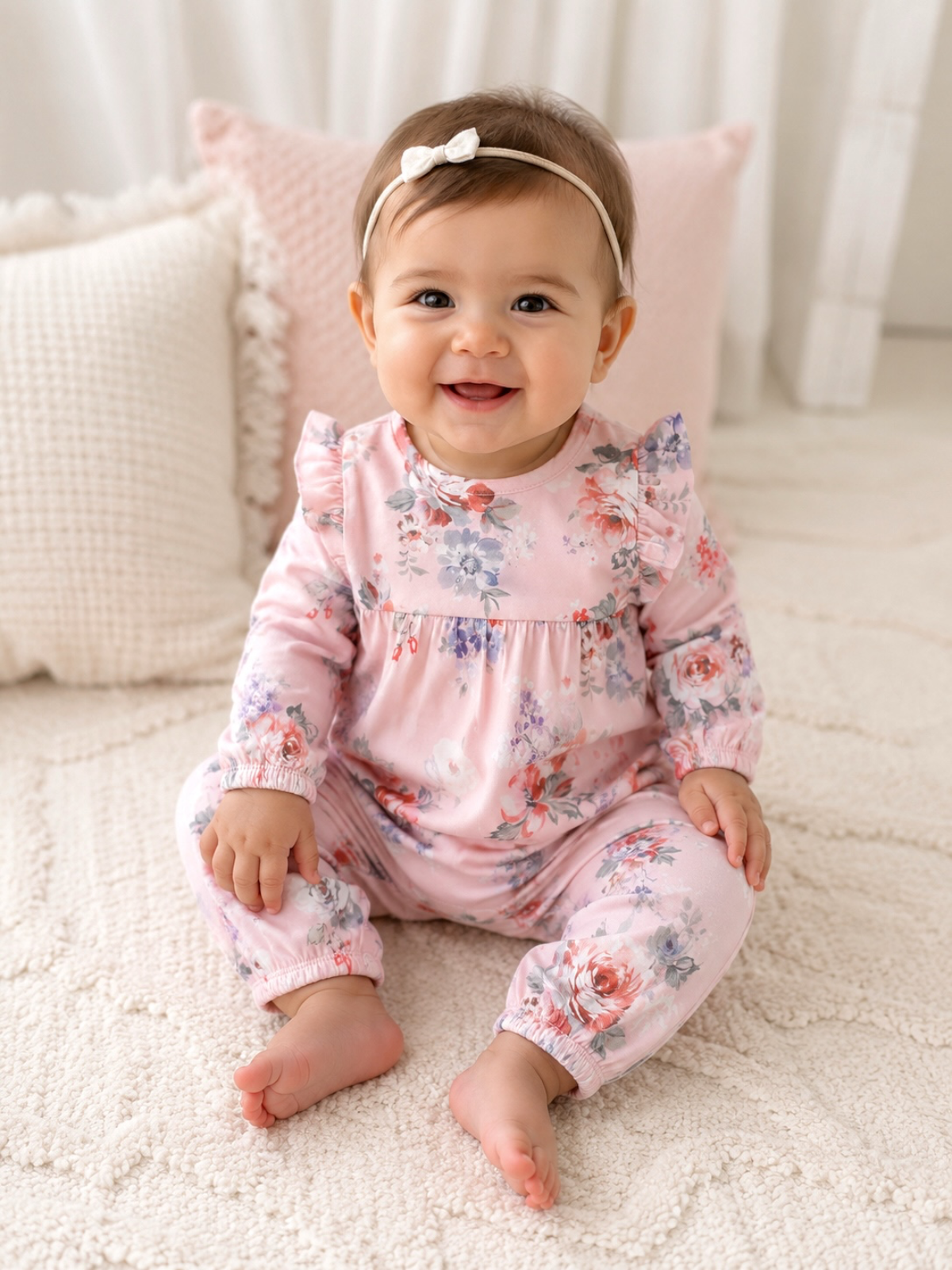 Smiling baby in floral pink outfit sitting on a textured blanket, surrounded by soft pillows.