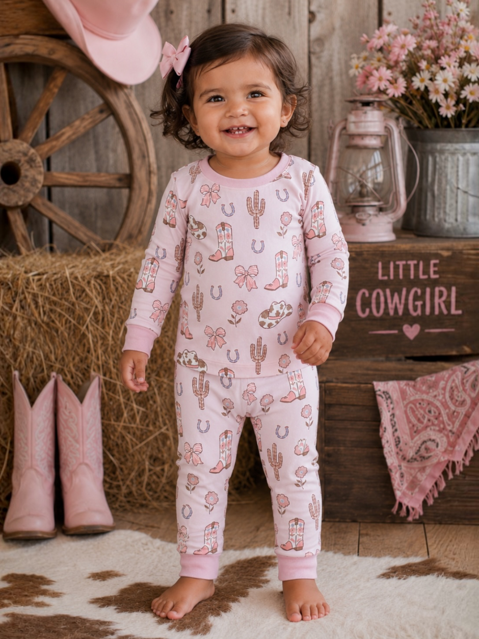 Long Sleeve Loungewear Set, Cowgirl Boots & Bows