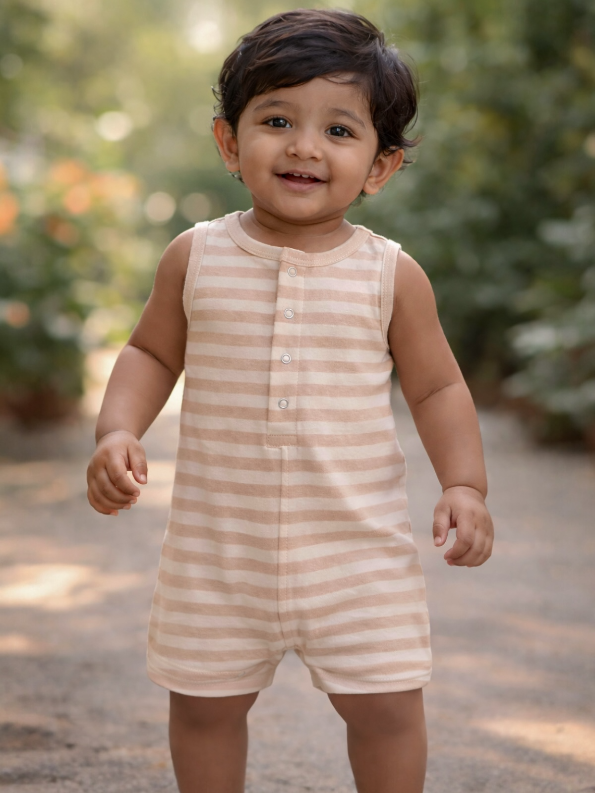 Smiling toddler in a striped romper, standing outdoors with greenery in the background.