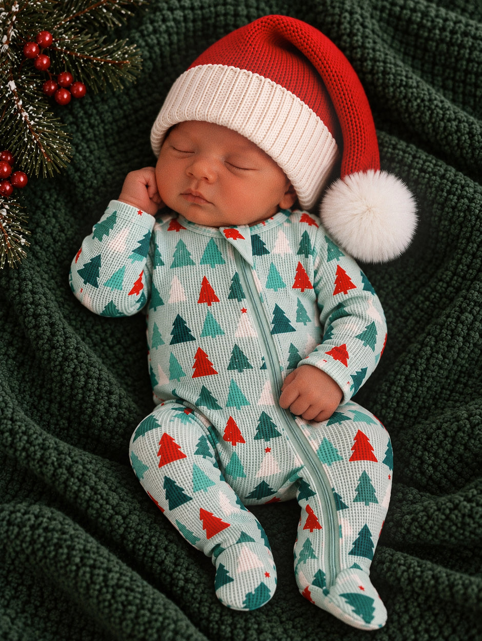 Organic Waffle Basic Zip Footie, Festive Firs