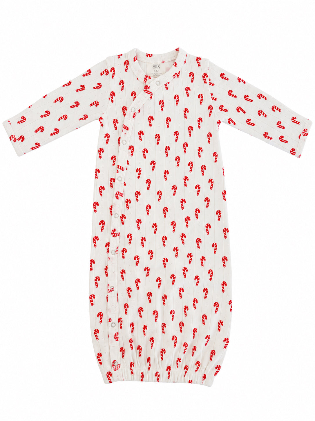 White baby gown with red candy cane print and snap buttons, ideal for seasonal wear.