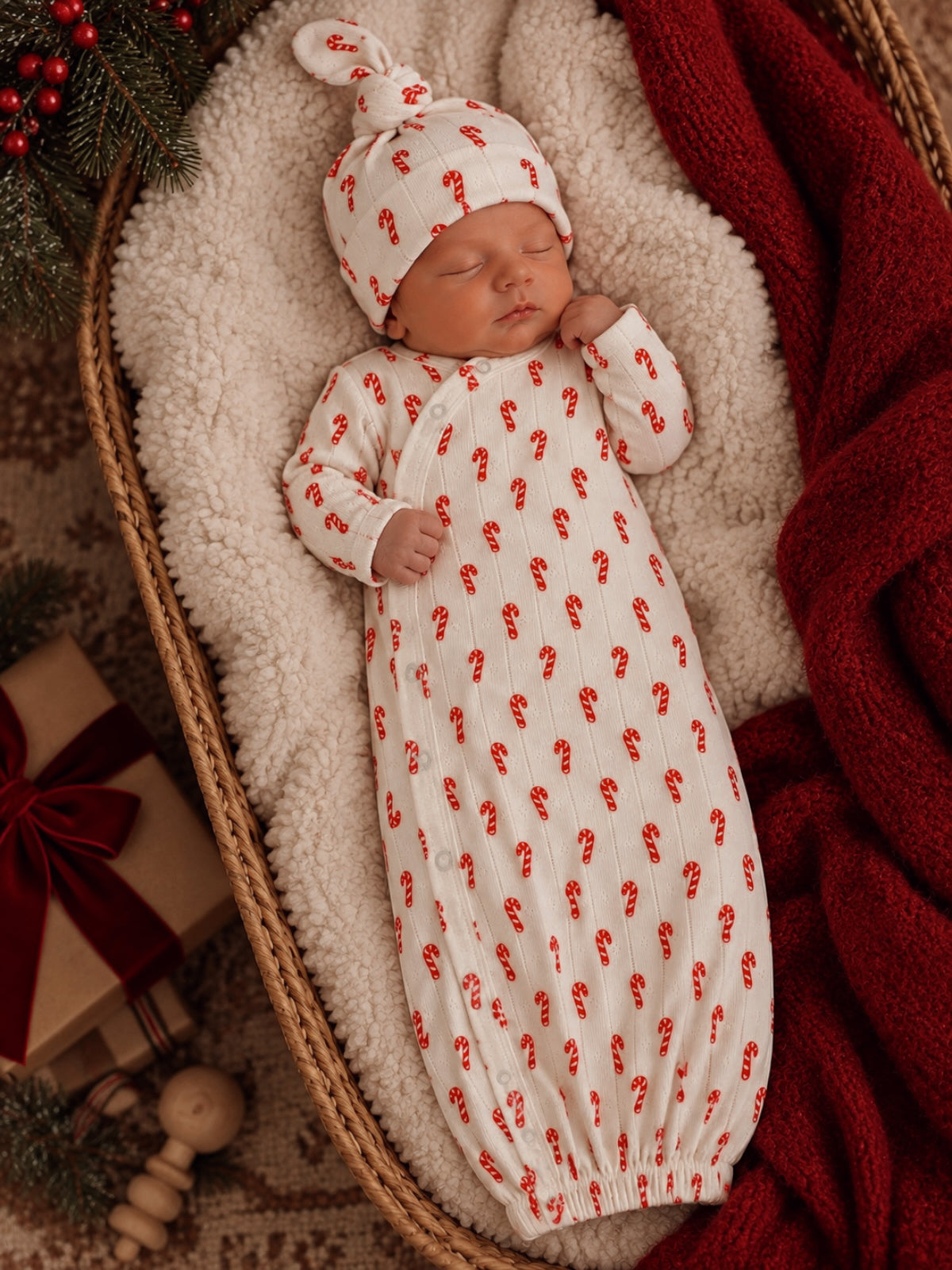 Newborn baby sleeping in a cozy basket, wearing a candy cane-patterned outfit and hat, surrounded by festive decor.