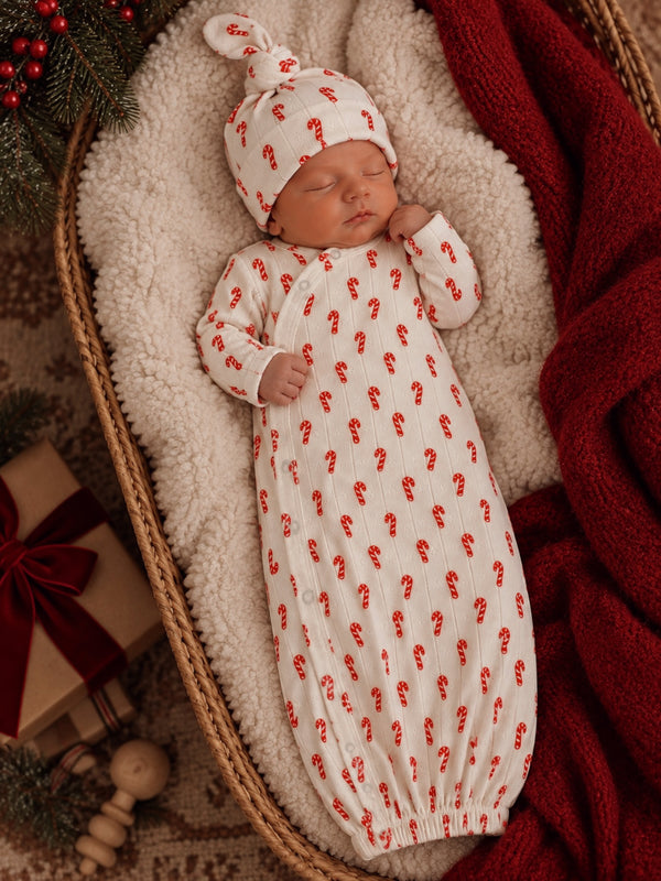 Newborn baby sleeping in a cozy basket, wearing a candy cane-patterned outfit and hat, surrounded by festive decor.