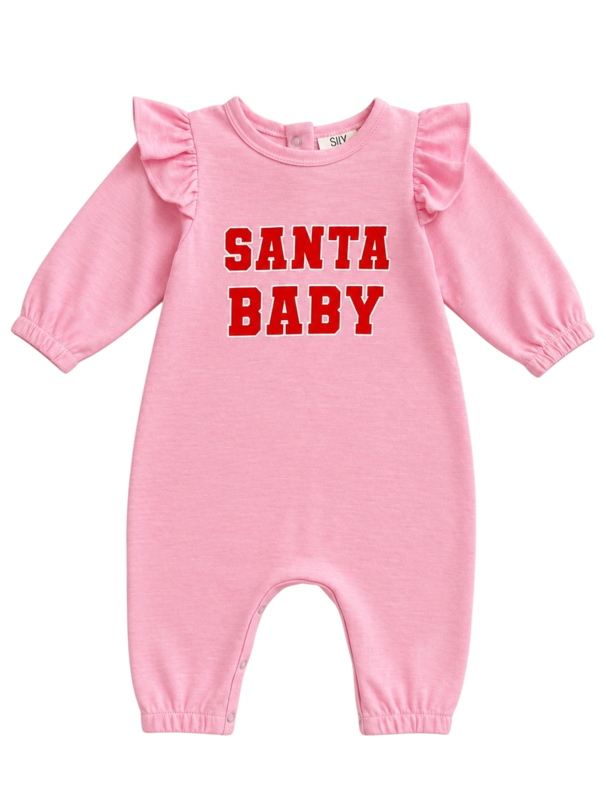 Pink baby romper with ruffled sleeves featuring "SANTA BABY" in bold red letters. Perfect for festive occasions.